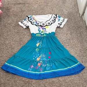 Girls Disney Mirabel Teal Tiered Floral Dress with White Scalloped dress